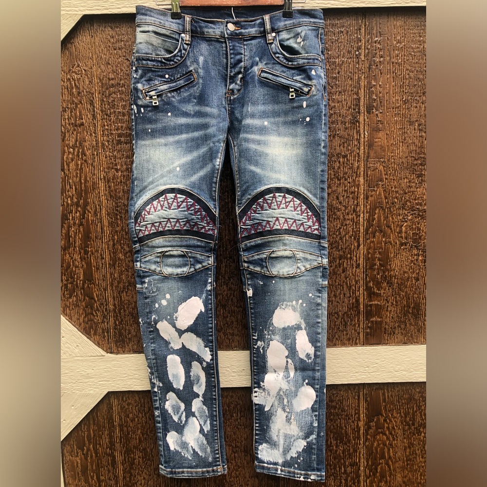 Dript Denim Shark Mouth Button Fly Biker Jeans Men’s 32